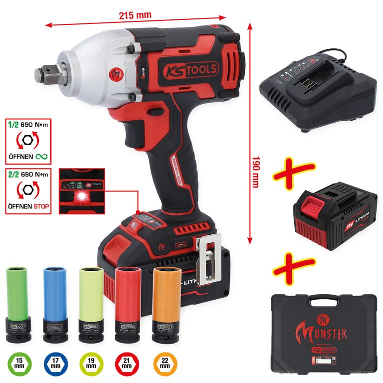 [515.6100] e-MONSTER 1/2" 18V Brushless-batterie kit de clés à chocs