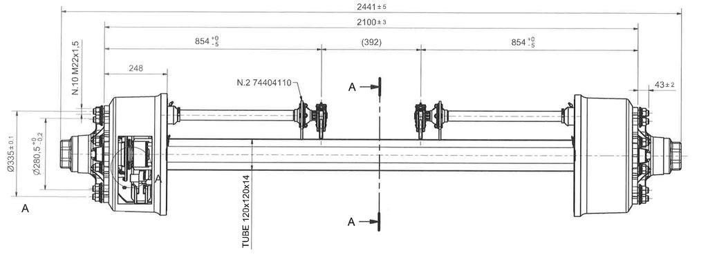 [120491] Essieu rigide freiné 120mm carré écartement 2100mm