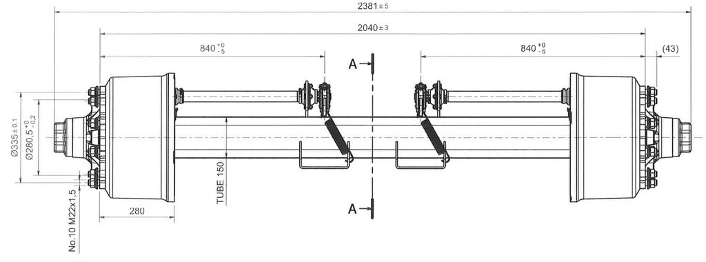 Bremsachse 150mm 4-kant Spur 2040mm